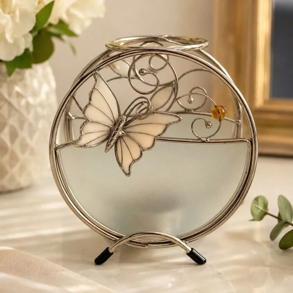 Vintage Butterfly Stained Glass Tealight Candle Holder Votive Metal Decor 5